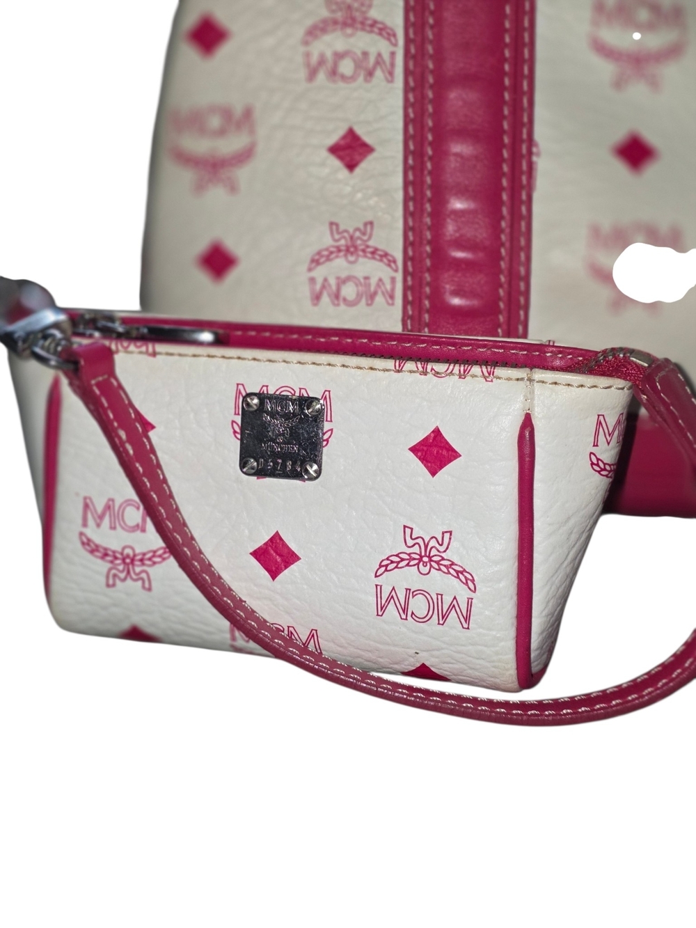 MCM Beige & Pink Visetos Tote w/ Matching Wristlet & MCM Charm & silver Hardware - Picture 12 of 16